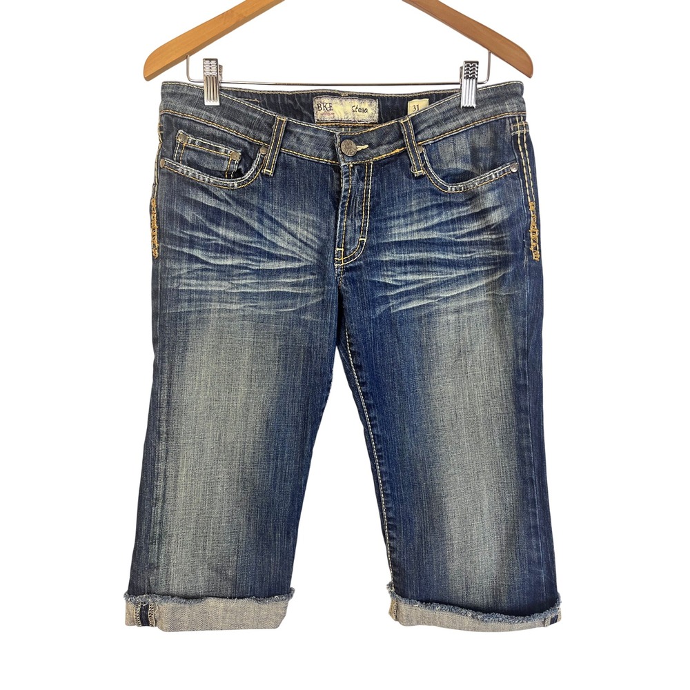 BKE Stella Size 31 Blue Denim Capri Jeans Cuffed Distressed (F717)